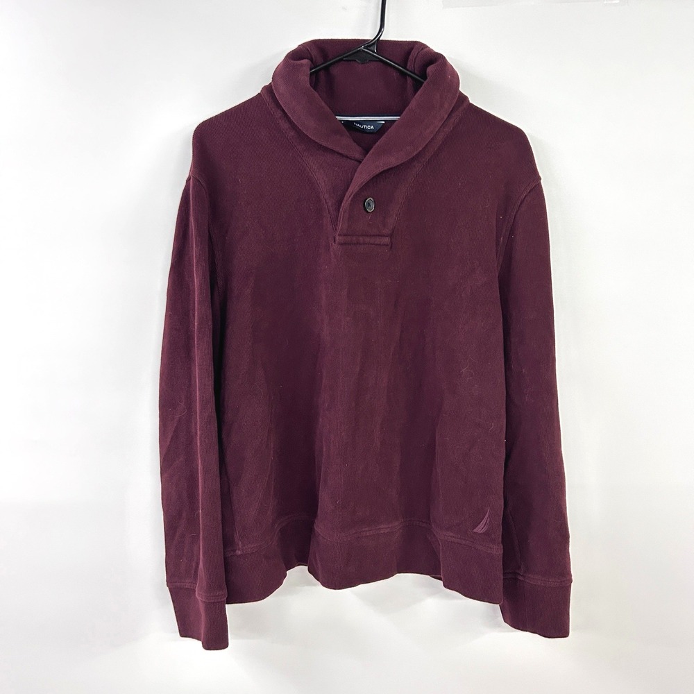 Nautica Shawl Collar Ribbed Pullover Sweater Medium Burgundy Preppy Old Money‎